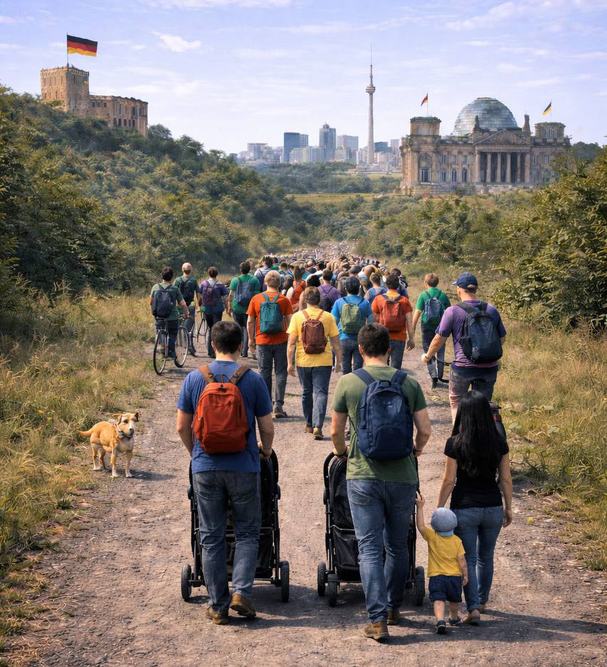 Leute gehen über Feldweg